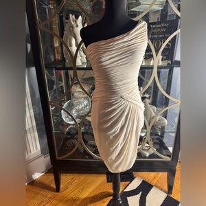 BCBG MaxAzria One Shoulder Rouched  Cream Dress